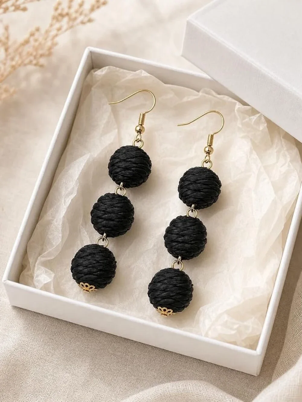 Raffia Earrings Boho Woven Ball Dangle Lightweight